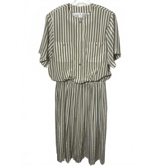 2/$30 Liz Roberts VTG Dress Long Women's 16 Green White Striped Pockets Cottage - Picture 2 of 9